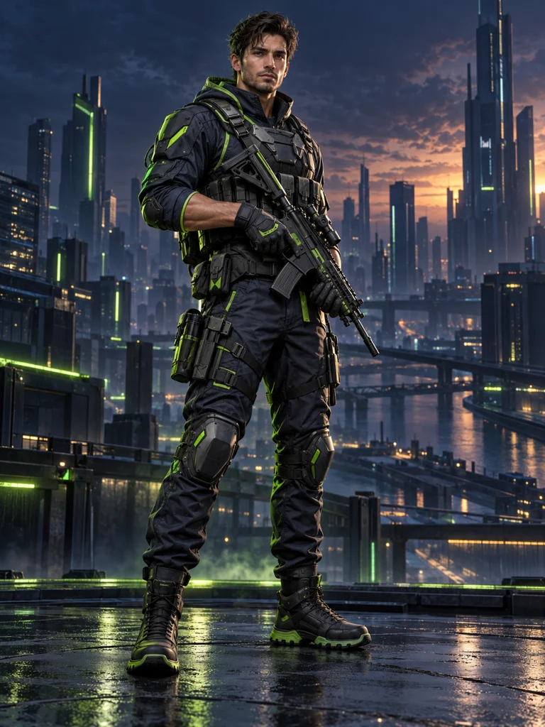 Forward-facing Ethan city scout wearing tactical equipment and carrying a rifle
